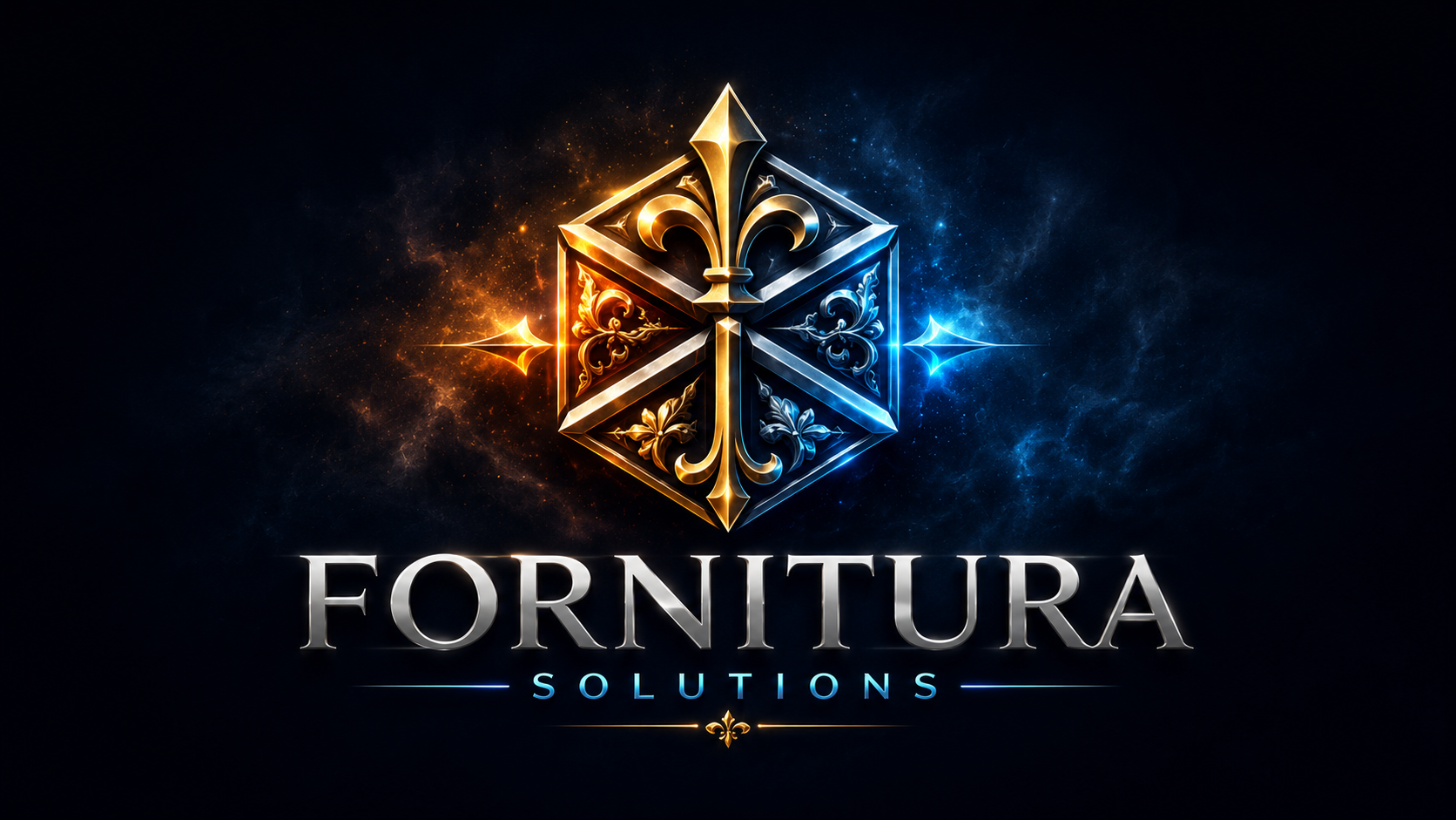 Logo FORNITURA SOLUTIONS — emblema metálico fuego y hielo